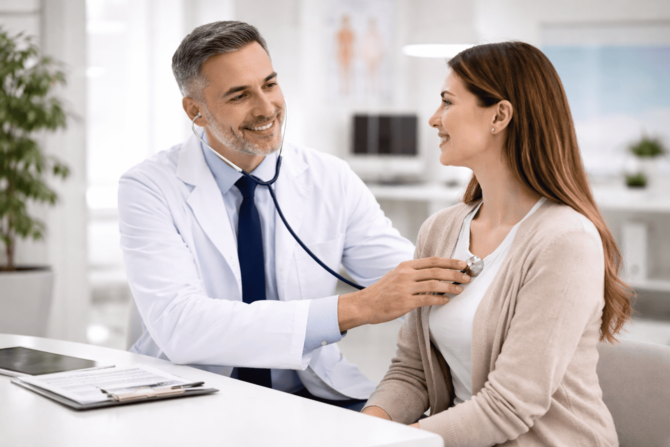 Doctor consultando a paciente en clínica médica con anaqueles de medicamentos organizados al fondo