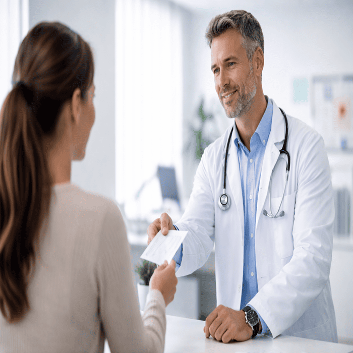 Doctor entregando receta médica a paciente en consultorio de clínica de especialidades