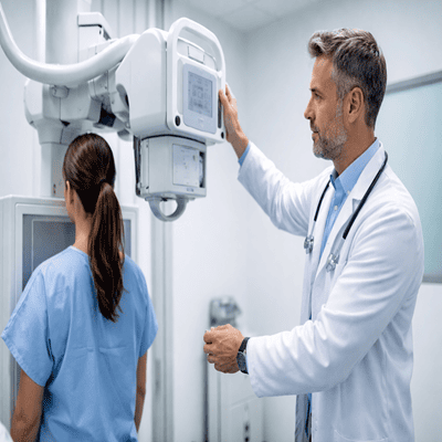 Doctor realizando radiografía a paciente en clínica moderna con equipo de rayos X